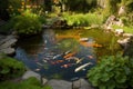 backyard pond with koi fish swimming and water lilies blooming