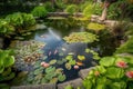 backyard pond with koi fish swimming and water lilies blooming