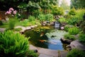 backyard pond with koi and water lilies