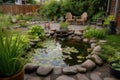 backyard with pond, surrounded by dragonflies and frogs