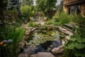 backyard with pond, surrounded by dragonflies and frogs