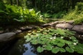 backyard pond with trillium and dragonfly hovering above