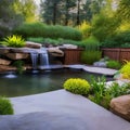14 A backyard pond with a waterfall, plants, and a seating area1, Generative AI Royalty Free Stock Photo
