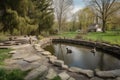 backyard with pond and waterfowl, including ducks and geese