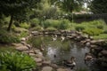 backyard with pond and waterfowl, including ducks and geese