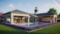 Backyard with Pool Slide and Lighthouse Structure purple flowers Royalty Free Stock Photo