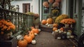 Backyard porch patio decorated for autumn with flowers and pumpkins genertive ai