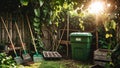 Backyard with rake, seed trays, and compost bin beneath tangled vines and sun Royalty Free Stock Photo