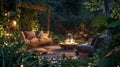 Backyard Retreat: Outdoor Oasis with Cozy Patio Lounge, Plush Seating, and Inviting Fire Pit Royalty Free Stock Photo