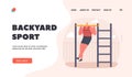 Backyard Sport Landing Page Template. Male Character Exercising Outdoor Pull Himself Up on the Horizontal Bar