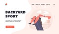 Backyard Sport Landing Page Template. Man Swinging Press on Decline Bench in Yard. Sportsman Work on Training Apparatus Royalty Free Stock Photo