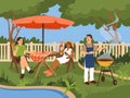 Backyard summer relax people. Barbecue party, beautiful garden, guy cooks bbq, girls sit at table outdoor, happy Royalty Free Stock Photo