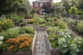 backyard with vegetable garden, herbs, and flowers blooming
