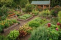 backyard with vegetable garden, herbs, and flowers blooming