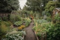 backyard with vegetable garden, herbs, and flowers blooming