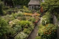 backyard with vegetable garden, herbs, and flowers blooming