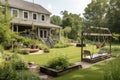 backyard with vegetable garden and porch swing