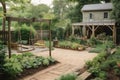 backyard with vegetable garden and porch swing