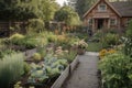 backyard with vegetable patch, flower beds, and chickens in yard