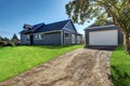 Backyard view of blue siding house with detached garage