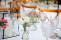 Backyard wedding reception - round tables with white tablecloths, vintage lanterns, roses and hyacinth,  and bentwood chairs Royalty Free Stock Photo