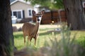 backyard wildlife encounter, with deer grazing in the background