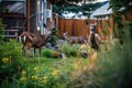 backyard wildlife encounter, with deer grazing in the background