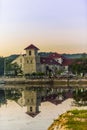 Baclayon Church at Sunset. Reflective water mirrors the church.