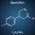 Baclofen molecule C10H12ClNO2, is a medication used to treat muscle spasticity. Structural chemical formula on the dark blue