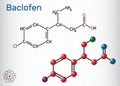 Baclofen molecule C10H12ClNO2, is a medication used to treat muscle spasticity. Structural chemical formula and molecule model. Royalty Free Stock Photo