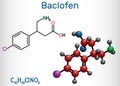 Baclofen molecule C10H12ClNO2, is a medication used to treat muscle spasticity. Structural chemical formula and molecule model Royalty Free Stock Photo