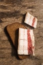 Bacon and bread over wooden background. Russian and ukrainian traditional appetizer