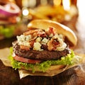 Bacon and bleu cheese gourmet hamburger close up Royalty Free Stock Photo