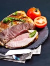 Bacon block boiled in low temperaturee, followed by roasting (Sous-vide)