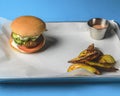 Bacon burger with beef patty, fresh tomatoes and cucumbers with sauce served on a metal tray over white background Royalty Free Stock Photo