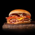 Bacon Burger, tomato on wooden cutting board, isolated on dark background