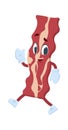 Bacon character. Meal mascot waving hand for meat product advertising, logo template. Lunch food with smile face, arms