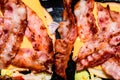 Bacon and chees burger on plate, close ups macro photo