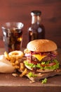 Bacon cheese burger with beef patty tomato onion cola