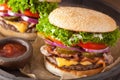 Bacon cheese burger with pickles tomato onion Royalty Free Stock Photo