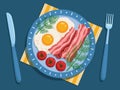 Bacon and eggs breakfast on plate illustration