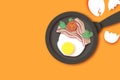 Bacon, eggs and cooking pan with handle. Omelet papercut style. Farm products. Fast food. Natural product. Food