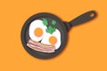 Bacon, eggs and cooking pan with handle. Omelet papercut style. Farm products. Fast food. Natural product. Food Royalty Free Stock Photo