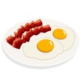 Fried eggs with bacon breakfast on white plate. Flat vector illustration
