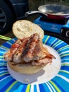 Bacon Eggs and Sausage Roll, Camping Breakfast Royalty Free Stock Photo