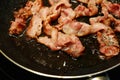 Greasy bacon being fried on a frying pan