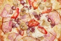 Bacon ham Pizza top view close-up macro shot Royalty Free Stock Photo