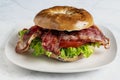 bacon lettuce and tomato on a blue berry bagel