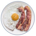 Fried Bacon Rashers With Sunny Side Up Egg Served On White Porcelain Plate Isolated On White Background Royalty Free Stock Photo