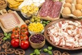 Bacon sausages, cheese vegetables, cookies, cereal eggs: ingredients for continental breakfast